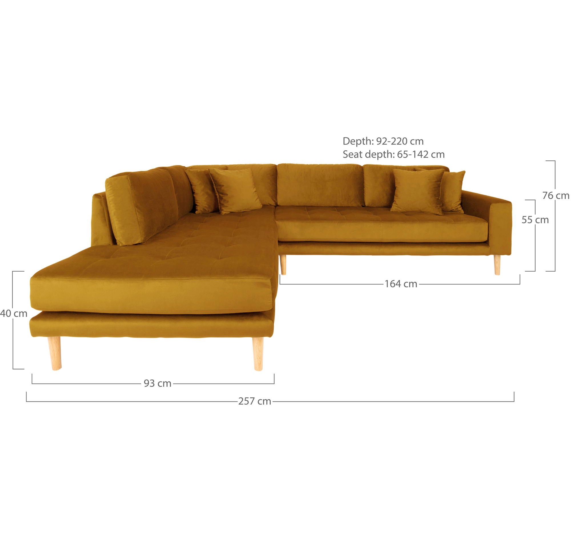 Lido – Ecksofa mit Offenem Ende, offene Seite links, Samtbezug, 92–220 × 257 × 76 cm